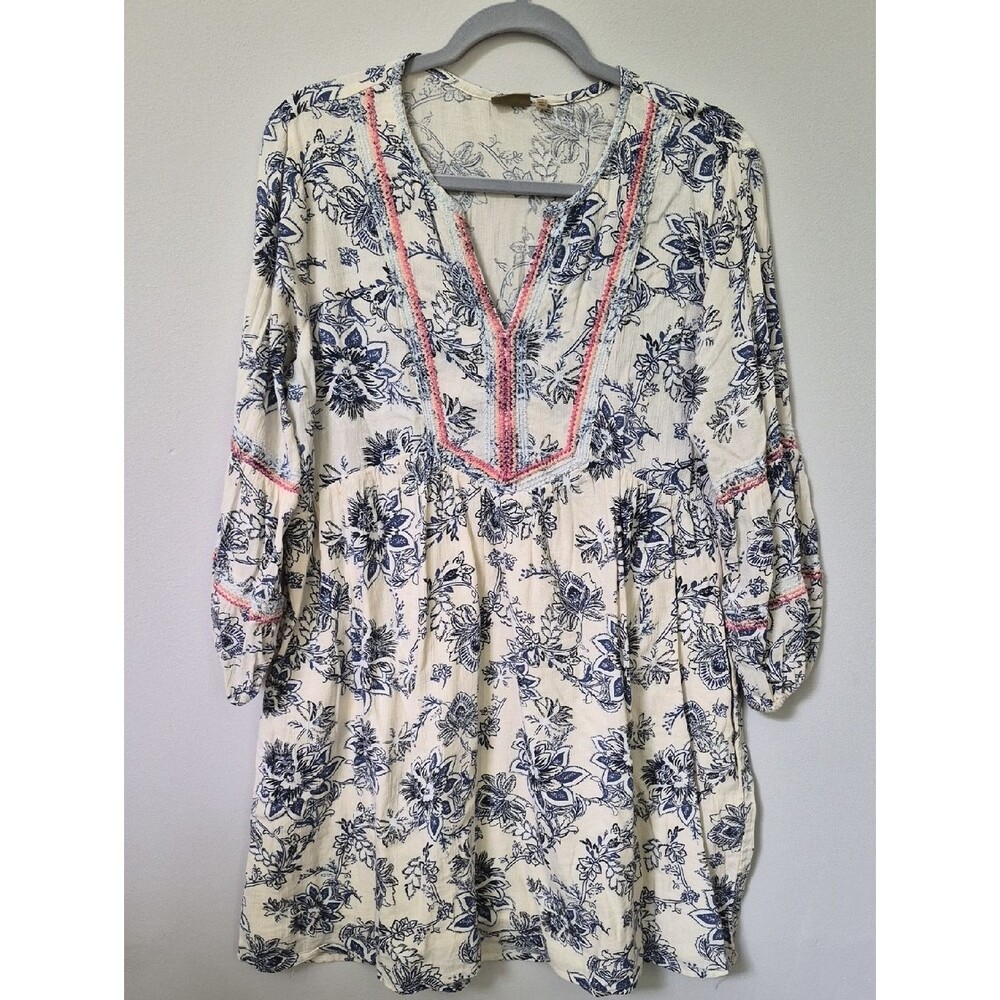 True Craft Dress Womens L Toile Print Embroidered Pink Trim Peasant Cottagecore